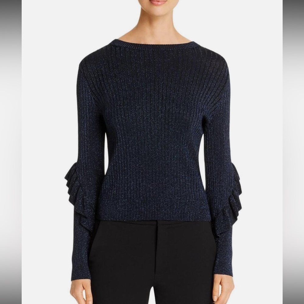 ELIE TAHARI Blue Hope Ribbed Knit Ruffle Long Sleeve bell Sweater size Small